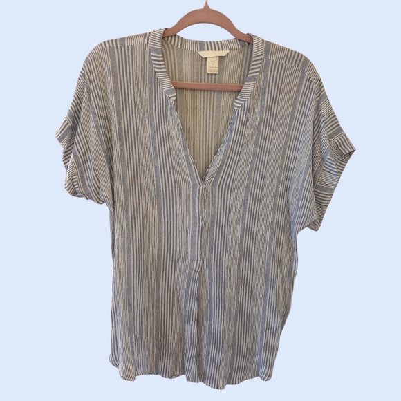 H&M Striped V-Neck Short Sleeve Blouse Blue White Size 6 - Picture 1 of 6